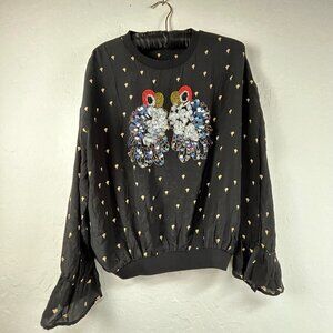 Women's Long Flutter Sleeve Pullover Sheer Blouse Top Sequin Beads Black Stretch
